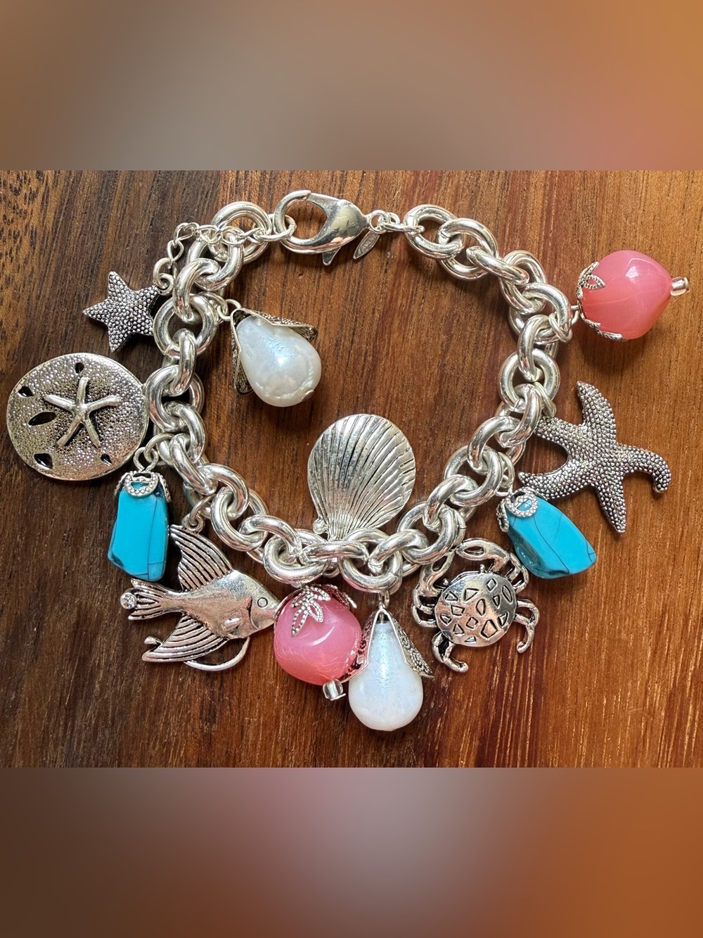 Avon Silver-Tone Beach Charm Bracelet Chain Crab Sand Dollar Fish Shell